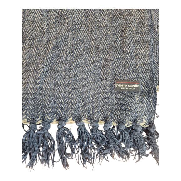 Pierre Cardin Fine Muffler Scarf Blue chevron tassel soft - Picture 2 of 6